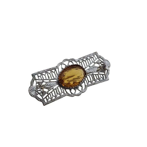 Vintage Rhodium Plated Filigree & Glass Brooch (A3482)